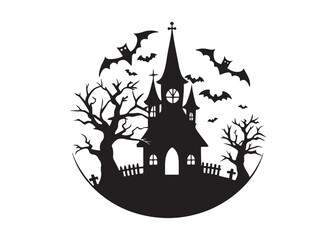 Halloween Haunted House Icon Creepy Silhouette with Flying Bats Illustration.