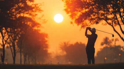 Golfer Silhouette Swinging Club at Sunset