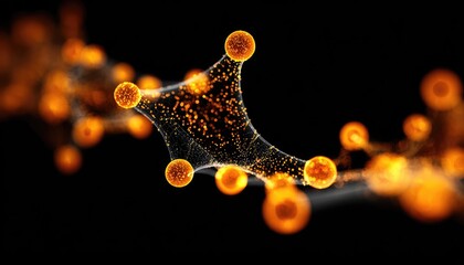 Glowing orange spheres connected by fine lines against a black background, resembling a molecular structure