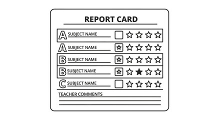 School Report Card Template with Grades A, B, C, Subject Names, and Star Ratings. Academic Progress Outline Illustration.