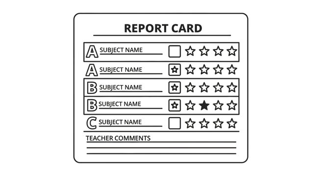 School Report Card Template with Grades A, B, C, Subject Names, and Star Ratings. Academic Progress Outline Illustration.