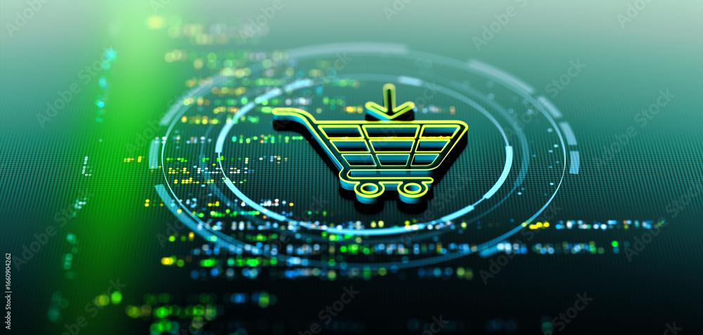 Poster digital shopping cart icon glowing with futuristic technology and data streams