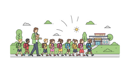 Obraz premium Teacher and Diverse School Children Walking to School. Education, Learning, and Childhood.