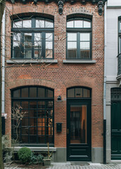 Fototapeta premium Charming old townhouse with green doors and red brick walls