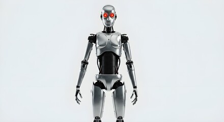 Metallic humanoid robot with glowing red eyes on white background