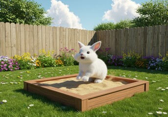 Obraz premium Adorable white baby bunny with an excited expression playing and jumping in a sunny backyard sandbox