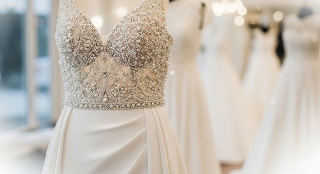 Close-up of a beaded, white gown bodice in a bridal shop, showcasing delicate details and other gowns in the background