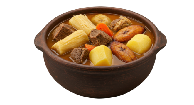 Hearty traditional stew with meat and vegetables isolated on white background in rustic clay pot