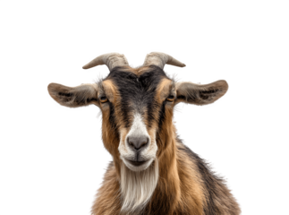 Half-body portrait of a goat directly facing the camera