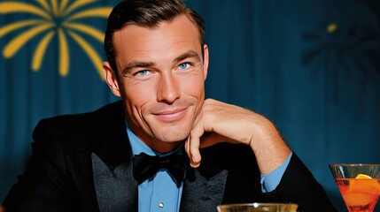 Elegant Man in Tuxedo Enjoying a Sophisticated Evening with Cocktails and Fireworks Indoors