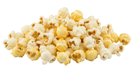 Vibrant pile of freshly popped popcorn isolated on white background perfect for snacks