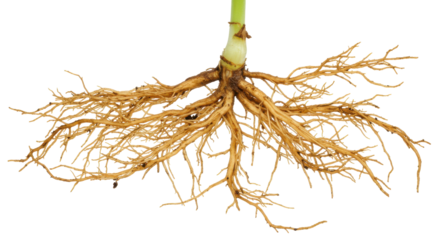 Detailed view of plant roots with intricate structure and texture isolated on white background