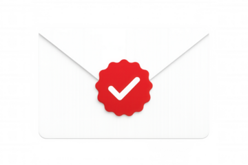 White envelope sealed with red wax, bearing check mark, signaling completed mail delivery against transparent backdrop