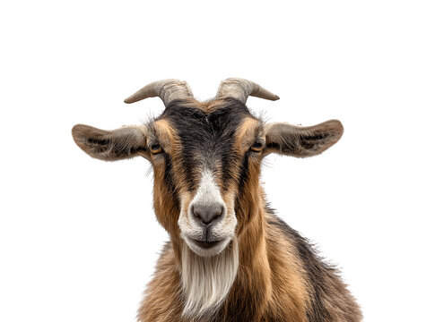 Half-body portrait of a goat directly facing the camera