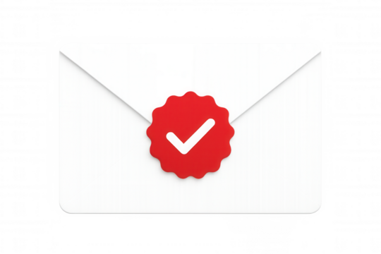 White envelope sealed with red wax, bearing check mark, signaling completed mail delivery against transparent backdrop