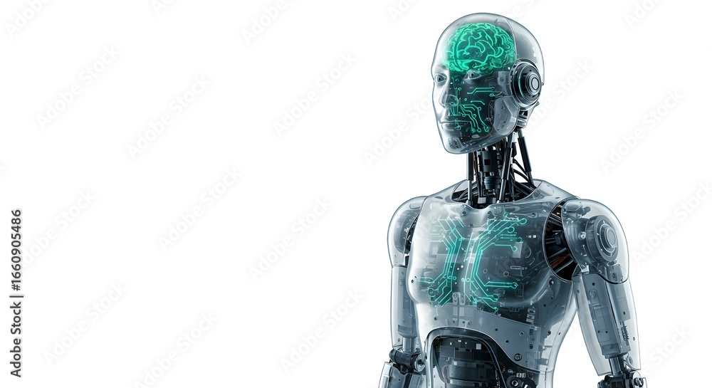 Poster translucent humanoid robot with visible internal technology on white background
