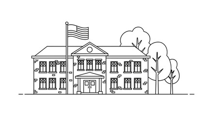 Obraz premium Classic School Building Illustration with US Flag & Trees