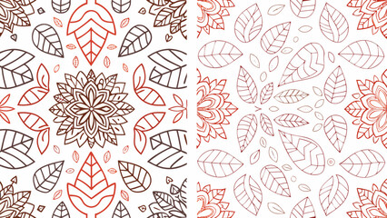 Floral and leaf pattern with alternating color schemes and symmetrical design elements in a seamless repeat silhouette