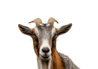 Half-body portrait of a goat directly facing the camera