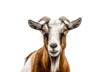 Half-body portrait of a goat directly facing the camera