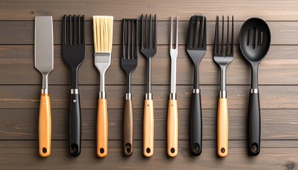 Kitchen Utensils on Wood Table.