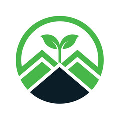 Green sprout growing from dark soil between green mountain peaks inside circle growth plant