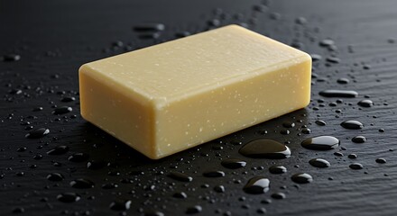 Bar of soap on dark wet surface offering hygiene and cleanliness benefits a beautiful image for health product marketing