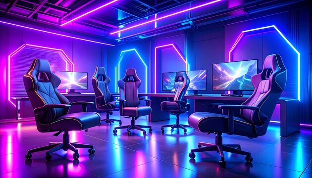 Futuristic gaming room with vibrant lighting