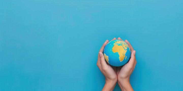 Two hands holding a small globe of the Earth on a blue background