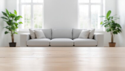 A blurred view of a modern living room with a couch