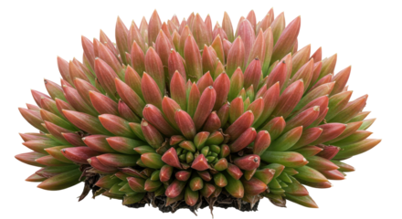 Vibrant succulent plant with striking red and green hues set against a neutral background isolated on white background