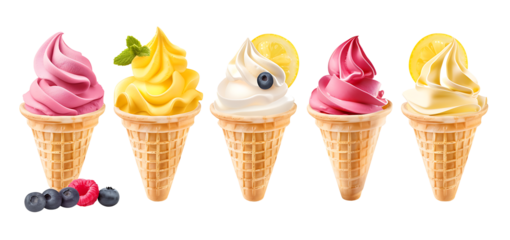 Collection of assorted fruit soft serve ice cream cones in waffle cones, isolated on a Transparent background. High quality PNG file