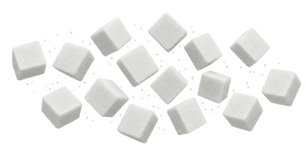 Obraz premium A scattered arrangement of white sugar cubes isolated on white background ideal for culinary use