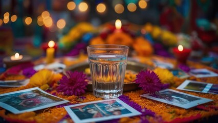 A Glass of Water for the Soul on a Vibrant Day of the Dead Altar