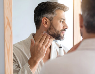Handsome middle-aged man in a soft bathrobe applying aftershave or moisturizer to his neck as part of his daily grooming routine