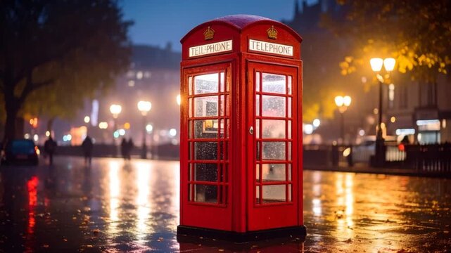 Rainy evening city street red telephone booth