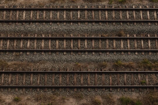Overhead view showcases parallel railroad tracks and gravel in a symmetrical, geometric pattern.