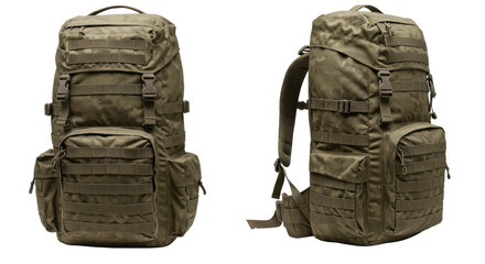Military style camouflage backpacks displayed from multiple angles isolated on white background