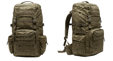 Military style camouflage backpacks displayed from multiple angles isolated on white background