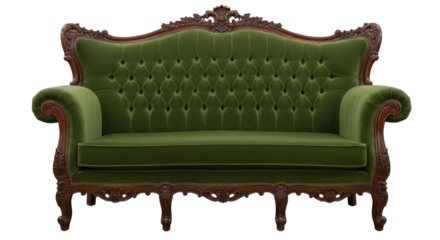 Vintage green velvet sofa with ornate wooden frame attractively displayed isolated on white background