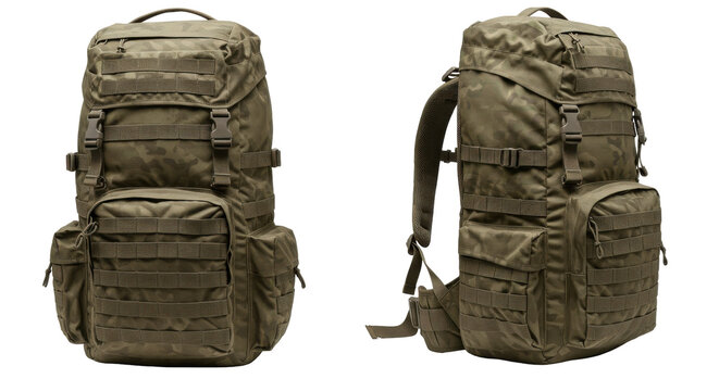 Military style camouflage backpacks displayed from multiple angles isolated on white background