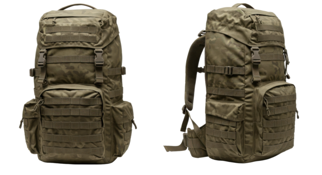 Military style camouflage backpacks displayed from multiple angles isolated on white background
