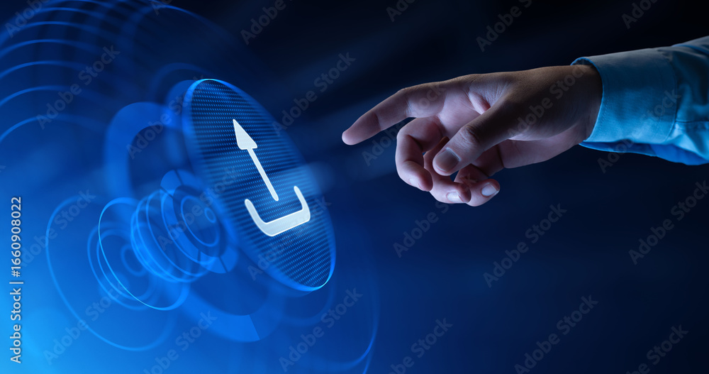 Poster finger presses digital upload icon, symbolizing data transfer and technological progress.