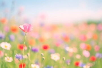 Pink Poppy Flower in Colorful Wildflower Field Under Bright Sky