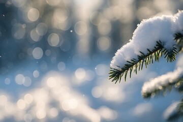 Snow-covered Pine Branch with Blurred Winter Background and Bokeh Lights