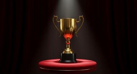 Golden trophy standing on a red podium under spotlight symbolising achievement and success with elegant dark background