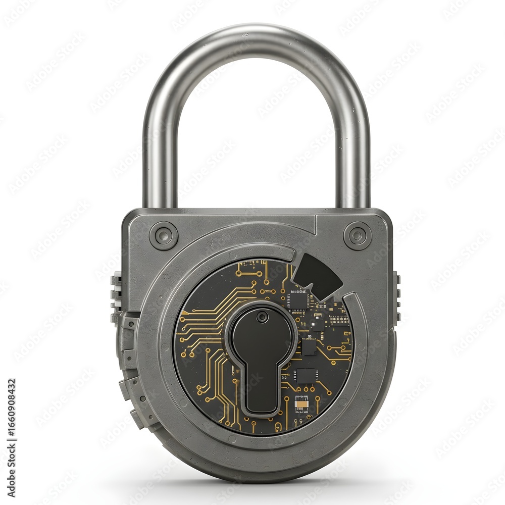 Poster padlock with circuit board inside isolated on white background