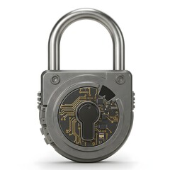 Metallic padlock with electronic circuit on white background