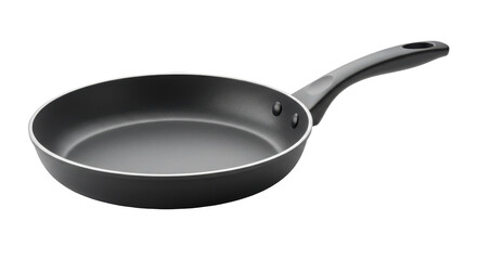 A sleek black frying pan with a smooth surface isolated on white background