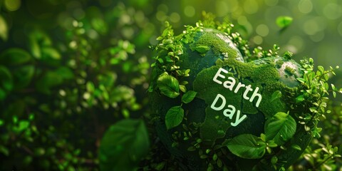 Earth Day text on a green earth with heart shape on green background
